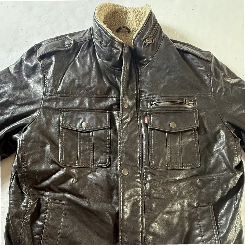 Levi Strauss Faux Leather Jacket Men Large Brown Sherpa Lined Field Coat RN54163